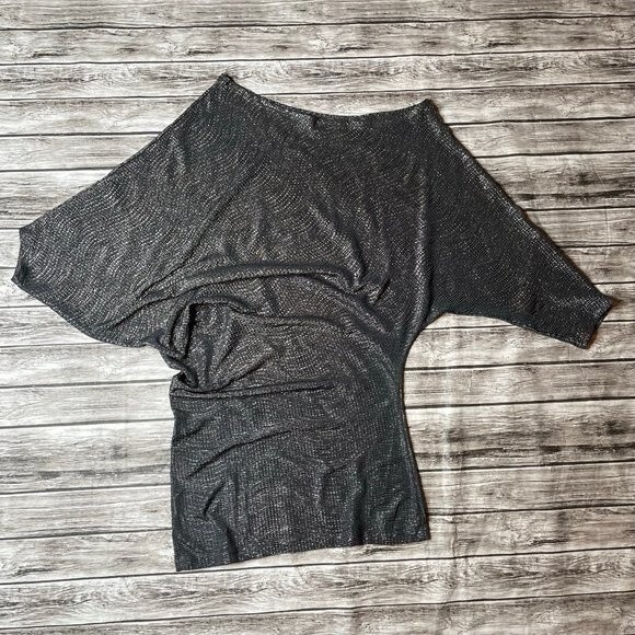 Loila Asymmetrical Sexy Glittery Blouse Top Shirt Gunmetal Gray S SM Small Light - Picture 6 of 11